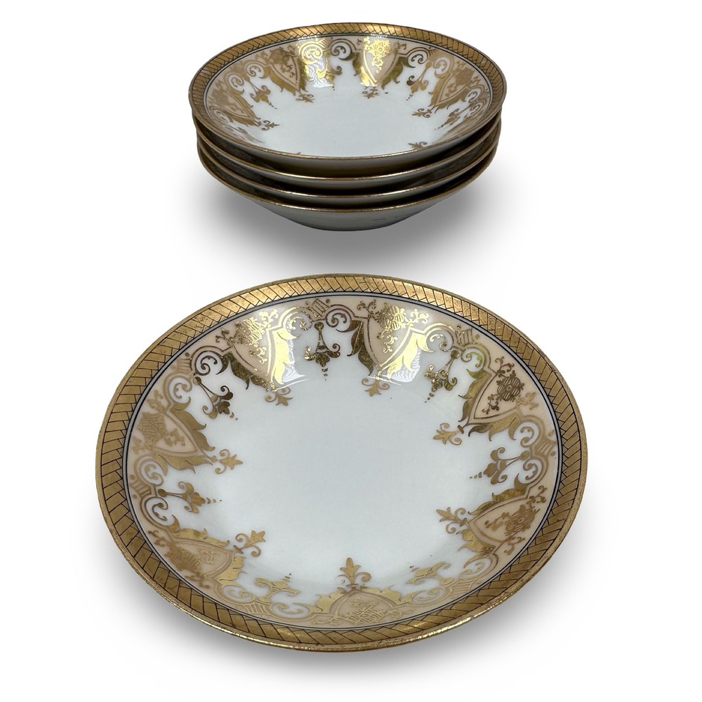 Haviland & Co Limoges Gold Encrusted Berry Bowls Set of 5 White Antique France